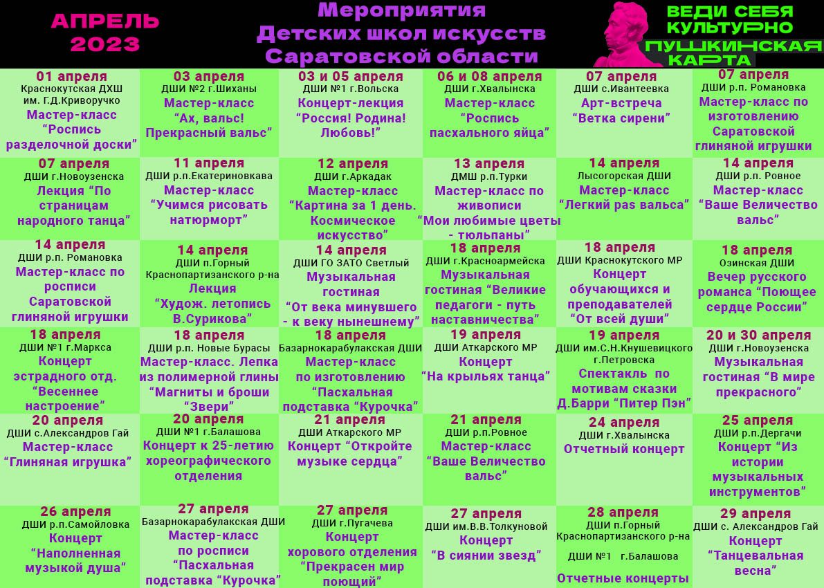 Афиша апрельских мероприятий по Пушкинской карте государственных детских школ искусств Саратовской области
