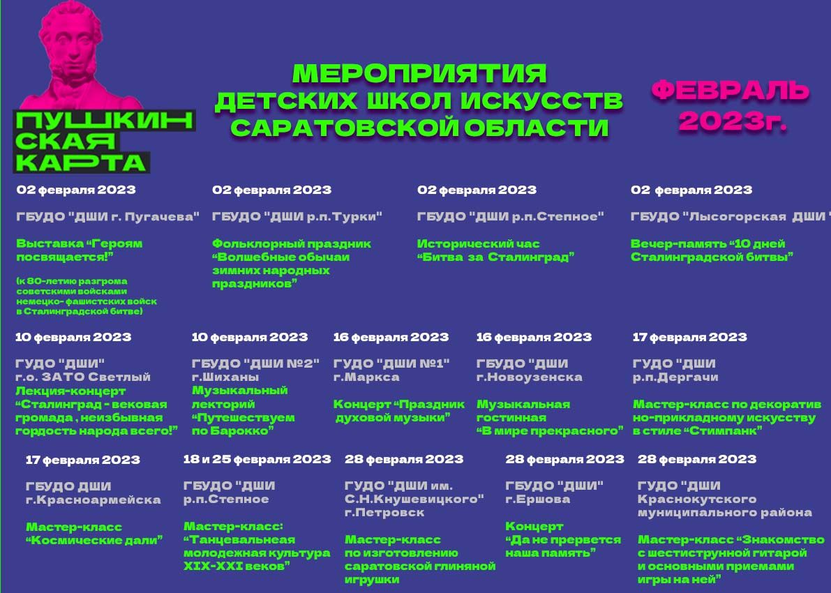 Афиша мероприятий Детских школ искусств Саратовской области, доступных по Пушкинской карте в феврале